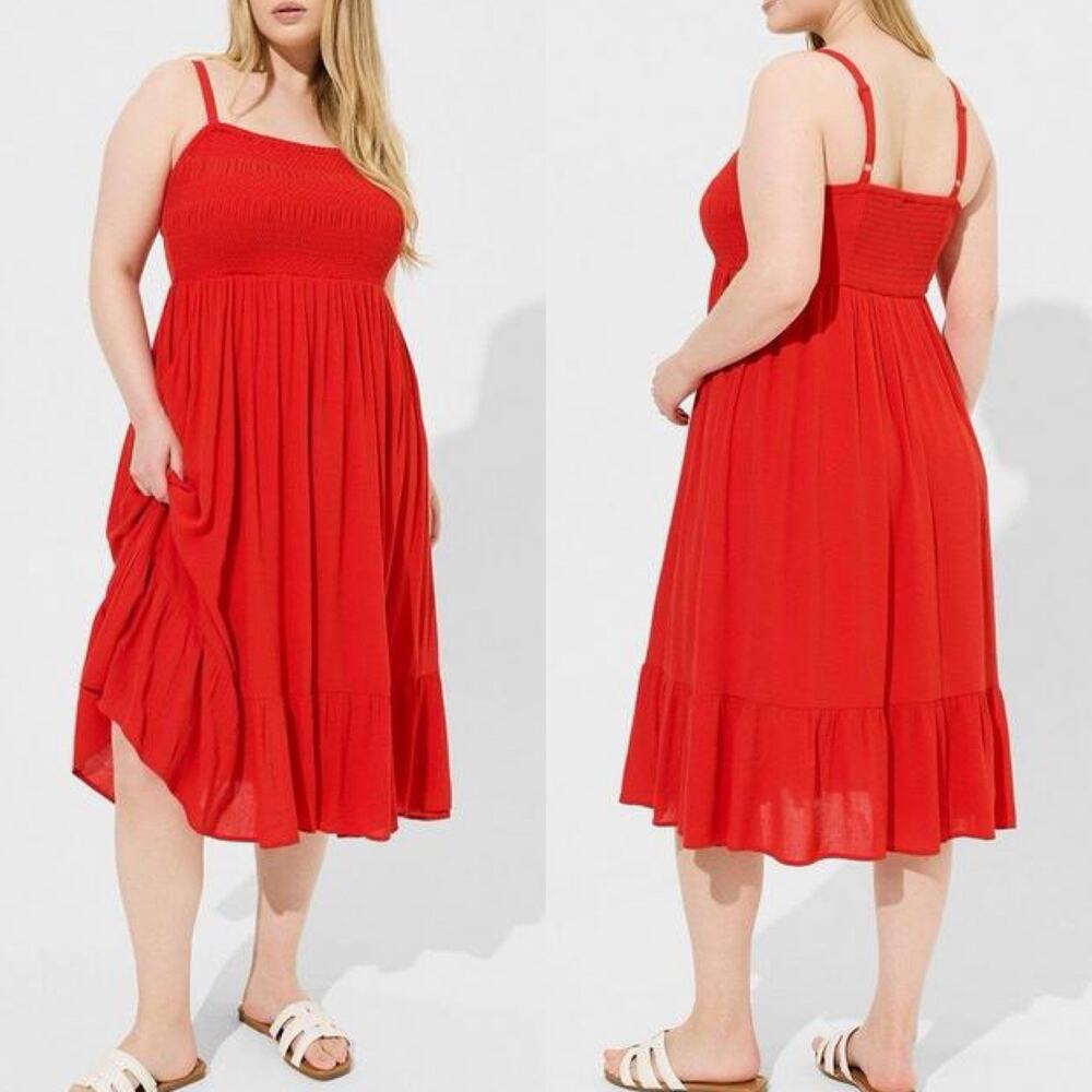 Torrid Midi Washable Gauze Smocked Bodice Tiered A-Line Dress Plus Size 1X Red
